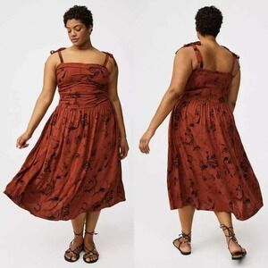 Torrid Shirred Tea Length Dress 1X Orange Floral Smocked Tie Shoulder Midi Dress